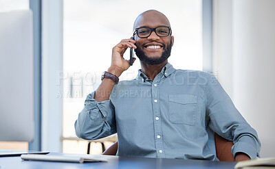 Buy stock photo Smile, portrait of a businessman with cellphone and on a phone call in his workplace office. Online communication, happy and African man with smartphone talking at his modern workspace at desk