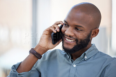 Buy stock photo Business, happy or black man on a phone call talking, networking or speaking to chat in discussion. Mobile, planning startup or African entrepreneur in conversation, communication or negotiation deal