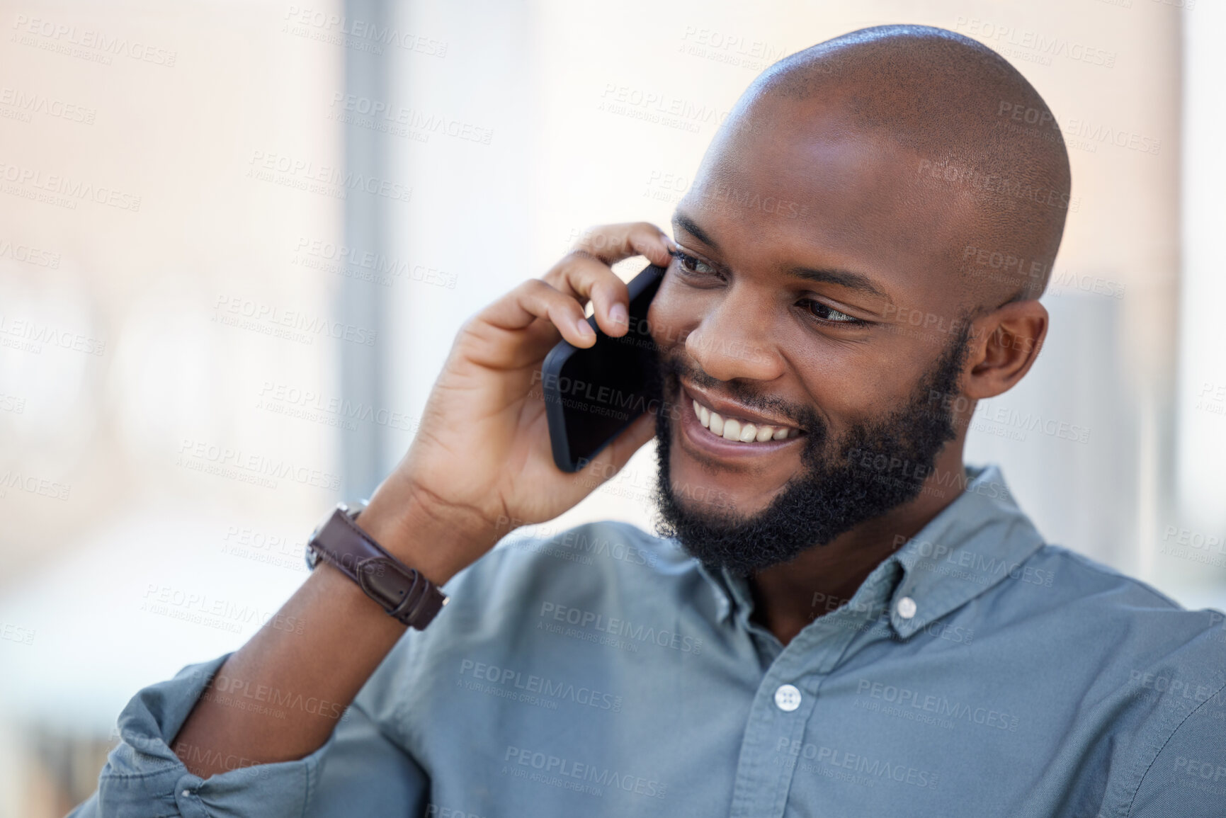 Buy stock photo Business, happy or black man on a phone call talking, networking or speaking to chat in discussion. Mobile, planning startup or African entrepreneur in conversation, communication or negotiation deal