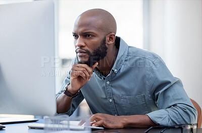 Buy stock photo Man, working and thinking with computer in office, employee and online research for company on internet tech. Reading, thoughtful and planning for corporate work, problem solving and idea and desk