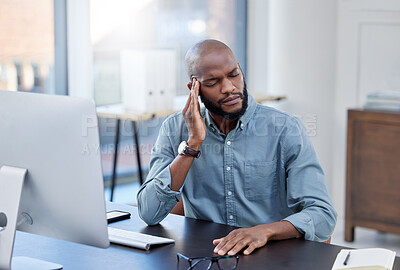 Buy stock photo Man, work and thinking with headache in office, employee and online research for company or bad report. Burnout, mistake and pain or stress for project, professional and fatigue or mental health