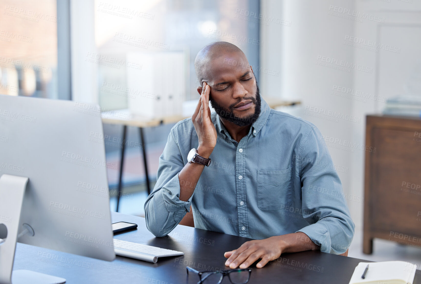 Buy stock photo Man, work and thinking with headache in office, employee and online research for company or bad report. Burnout, mistake and pain or stress for project, professional and fatigue or mental health