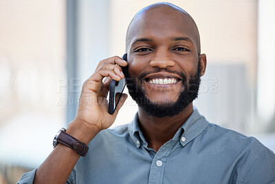 Buy stock photo Business, portrait or black man on a phone call talking, networking or speaking to chat in discussion. Smile, startup or African entrepreneur in mobile conversation, communication or negotiation deal