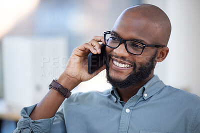 Buy stock photo Business, smile or black man on a phone call talking, networking or speaking to chat in discussion. Mobile, startup plan or happy African entrepreneur in conversation, communication or negotiation