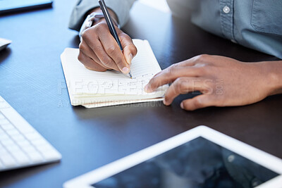 Buy stock photo Hand, writing and desk with paper for work, notes and employee planning or brainstorming with tablet at corporate company. Busy, working and internet research for project, plans and reminder