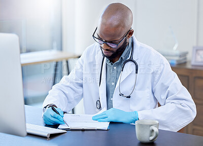 Buy stock photo Black man, doctor and clipboard at desk in office for patient in medical field for checkup with computer. Hospital, stethoscope and research for clinical trials with generative ai for innovation