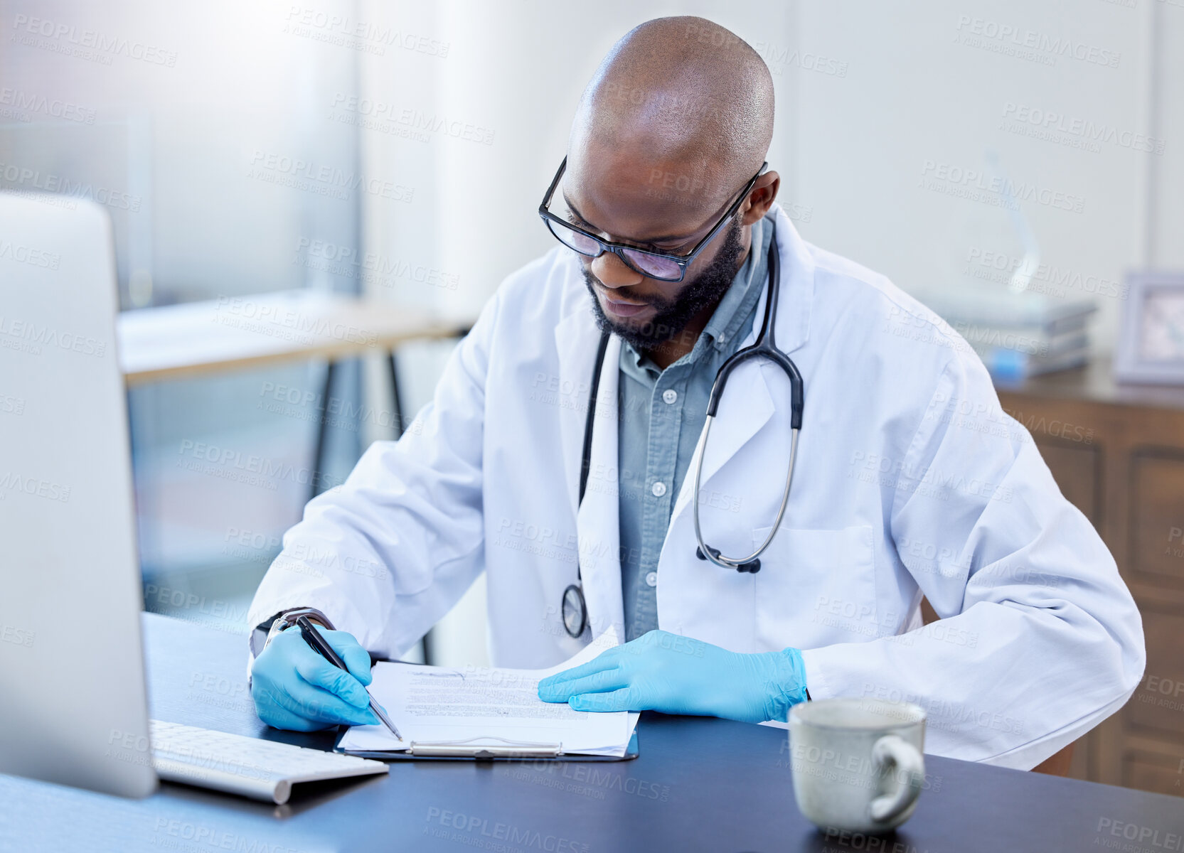 Buy stock photo Black man, doctor and clipboard at desk in office for patient in medical field for checkup with computer. Hospital, stethoscope and research for clinical trials with generative ai for innovation