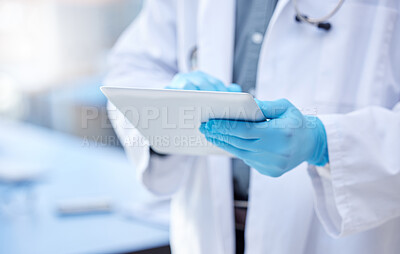 Buy stock photo Doctor, hands and gloves with digital tablet for record keeping of patient in hospital with consulting. Healthcare, technology and research with people for innovation in medicine for medical analysis