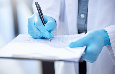 Buy stock photo Pen, clipboard and hands of doctor in closeup with writing for compliance, documents and insurance. Medical, health and document for research with person in job with paperwork for prescription.