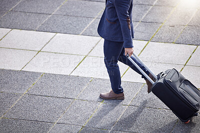 Buy stock photo Business man, city and suitcase for travel to airport, employee and trip for global opportunity. Male person, walking and above for journey, luggage and commute to hotel or immigration for career