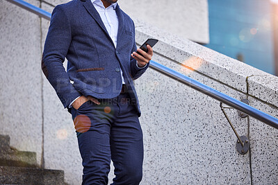 Buy stock photo Stairs, business man and phone in city for contact, travel and internet for networking in outdoors. Male person, commute and typing on app for message, lawyer and website for research on urban steps