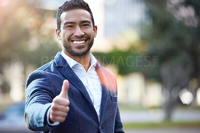 Buy stock photo Asian man, portrait and thumbs up to agree in city, thank you and motivation for worker in outdoors. Male person, support and like emoji or yes and approval in urban, feedback and review or promotion