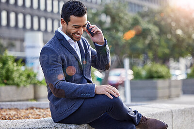 Buy stock photo Businessman, smartphone and conversation in city with flare for communication, networking and good news. Male person, talking and calling client with smile for sales, b2b and deal negotiation
