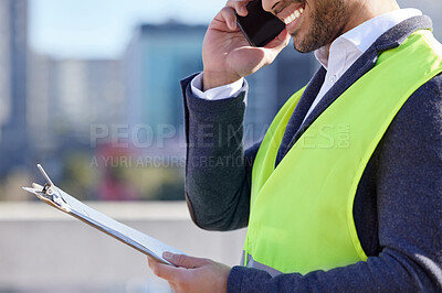 Buy stock photo Man, engineer and clipboard on call in construction site with mobile phone, smile and confident. Male person, project leader and hardhat in Dubai for building, architecture and development in city