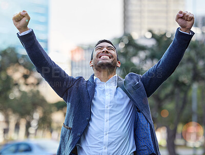 Buy stock photo Business man, celebration and excited in city for bonus, promotion and winner of lottery in outdoors. Male person, cheering and proud of victory or achievement, career opportunity and urban success