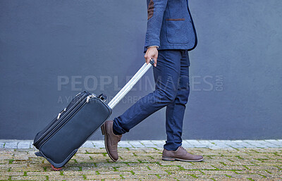 Buy stock photo Business man, legs and suitcase in city to airport, employee and work trip for global opportunity. Male person, walking and mockup space for journey, luggage and travel or immigration for career