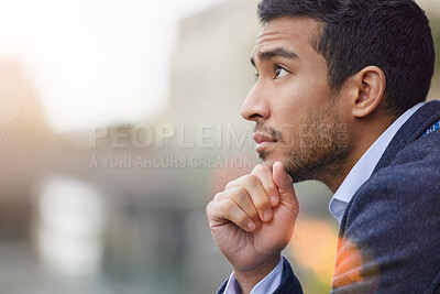 Buy stock photo Serious, employee and thinking of future, outdoor and wondering of opportunity, growth and business. Tokyo, city and man in morning, entrepreneur and brainstorming of goal, journalist and company