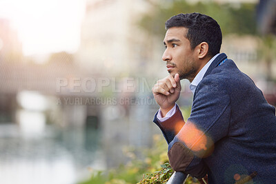 Buy stock photo Serious, man and thinking of future, outdoor and wondering of opportunity, employee and business. Tokyo, city and plan in morning, entrepreneur and brainstorming of goal, journalist and company