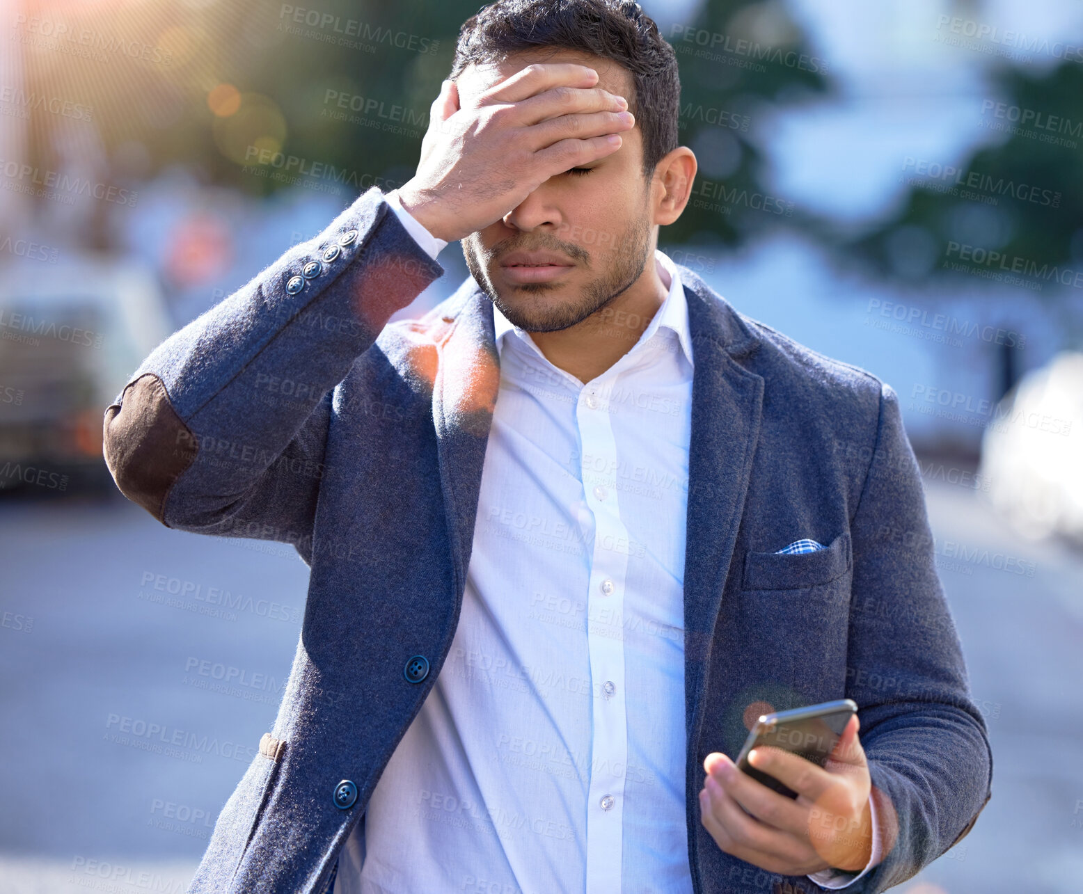 Buy stock photo Businessman, stress and walking with phone, message and outdoor or upset with face palm. Hispanic person ,frustrated and bad news for investments, problem and mobile while worried, work and urban