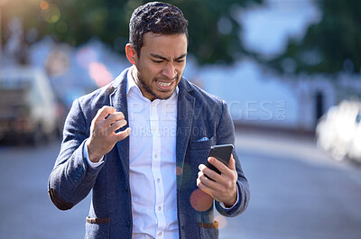 Buy stock photo Business man, phone and angry for in city, frustrated and glitch or rage for crisis or mistake. Male person, lawyer and stress for email or fail justice in town, outdoors and employee for burnout