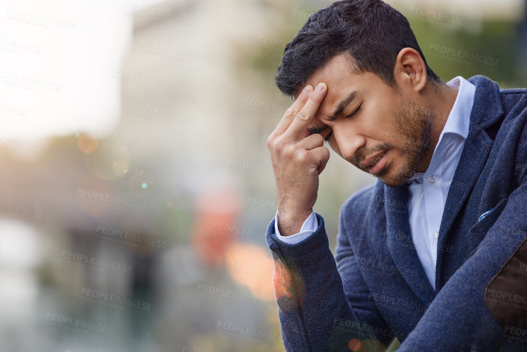 Buy stock photo Serious, employee and stress in city, outdoor and tired of agency, burnout and frustrated of business. Tokyo, morning and Asian man with fatigue, exhausted and mental health for journalist of career