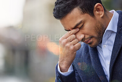 Buy stock photo Serious, employee and tired in city, outdoor and wondering of opportunity, growth and business. Tokyo, job and man in morning, entrepreneur and brainstorming of goal, journalist and company