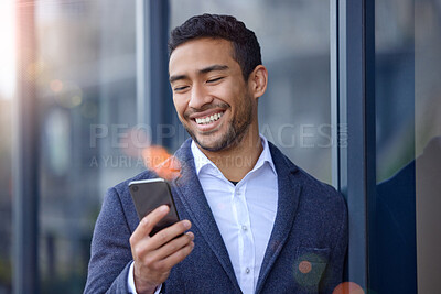 Buy stock photo Happy, businessman and smartphone for networking, conversation and chat on commute to office. Excited, male employee and travel with smile and mobile phone for communication, contact and connection