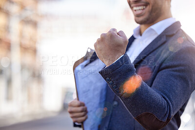 Buy stock photo Shot of a businessman cheering in excitement while holding a clipboard