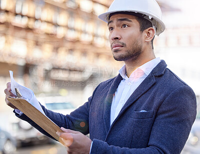 Buy stock photo Clipboard, checklist and man with inspection of construction, site and check compliance. Professional, inspector and assessment of safety at building with review, report notes and industrial survey