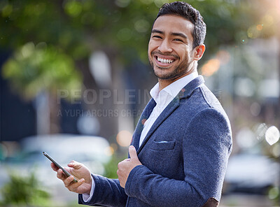 Buy stock photo Happy, asian man and smartphone for networking, communication and contact for clients outdoor in nature. Excited, businessman and consultant with confidence and mobile for connection with customers