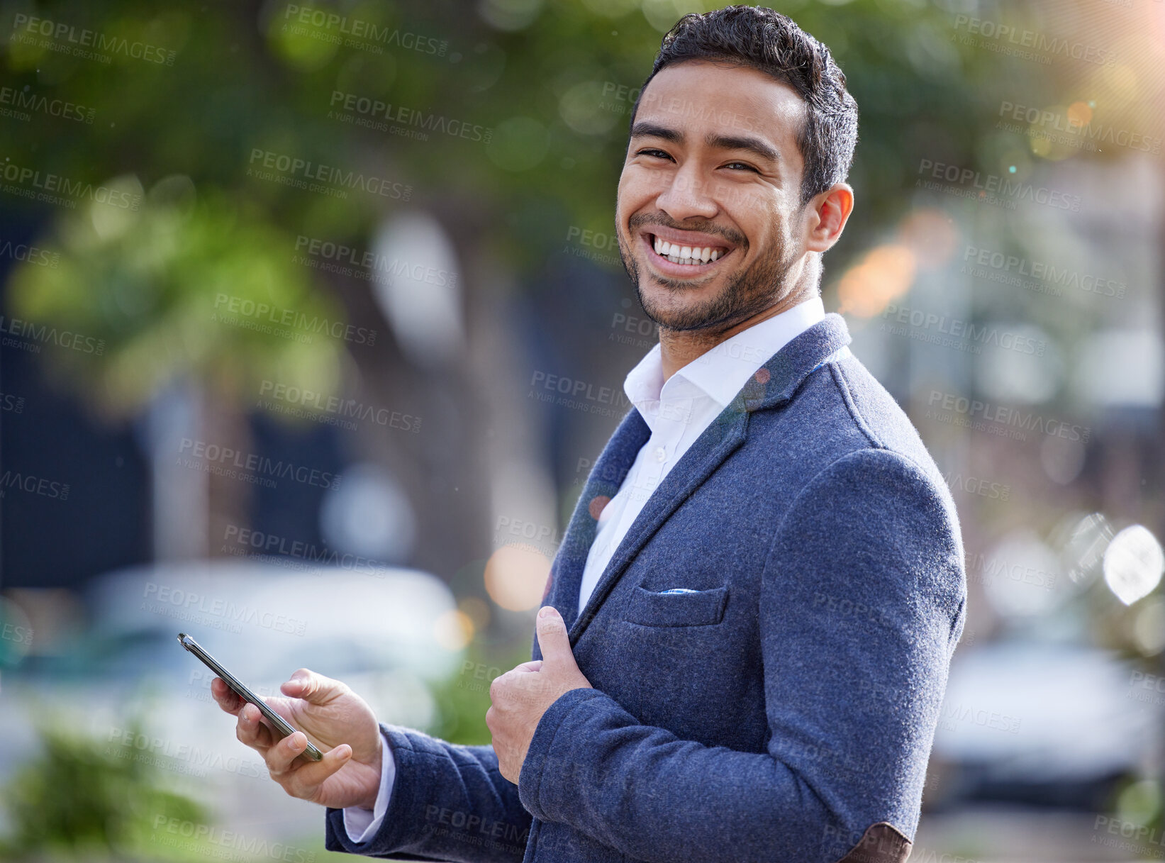 Buy stock photo Happy, asian man and smartphone for networking, communication and contact for clients outdoor in nature. Excited, businessman and consultant with confidence and mobile for connection with customers