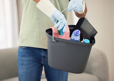Buy stock photo Man, cleaning and closeup with gloves and bucket in house, basket and soap for hygiene. Male cleaner or worker with container and cloth for washing, hospitality service at hotel or home apartment