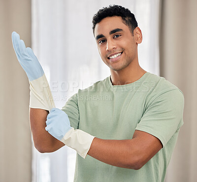 Buy stock photo Happy man, portrait or gloves for cleaning in home maintenance for germ protection, bacteria or safety. Smile, confident or male housekeeper ready to begin or start chores in apartment for wellness