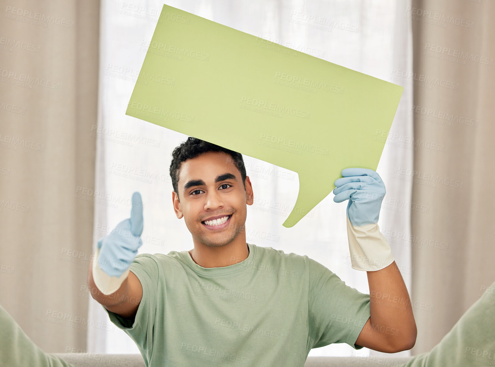Buy stock photo Man, portrait or thumbs up for cleaning speech bubble in home maintenance for germ protection. Smile, social media and happy housekeeper with chores on mockup space in apartment for communication