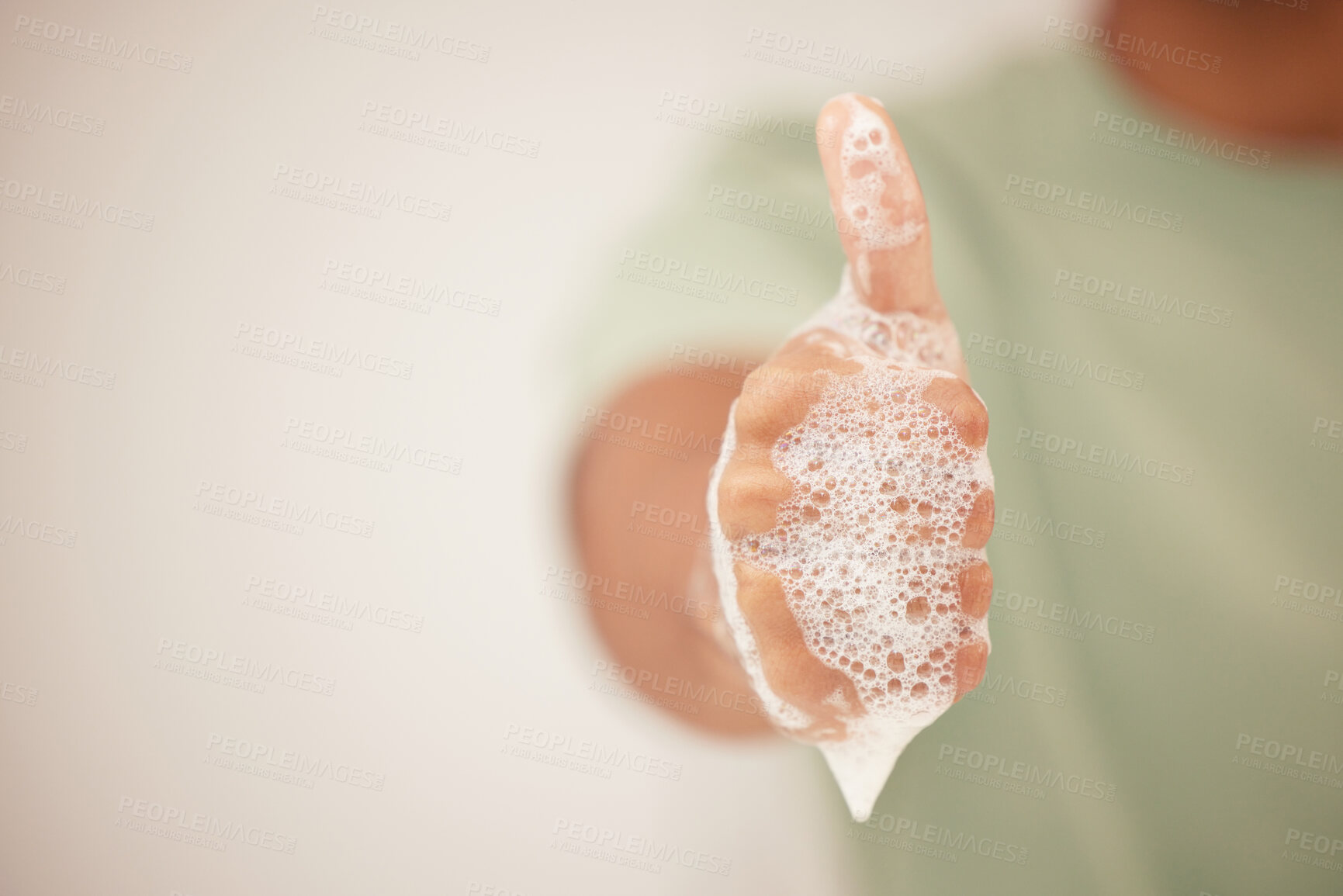 Buy stock photo Person, hand or thumbs up for cleaning good job or maintenance for germ protection or bacteria. Wet, soap or closeup of housekeeper showing satisfaction, ok sign or emoji for great service or thanks