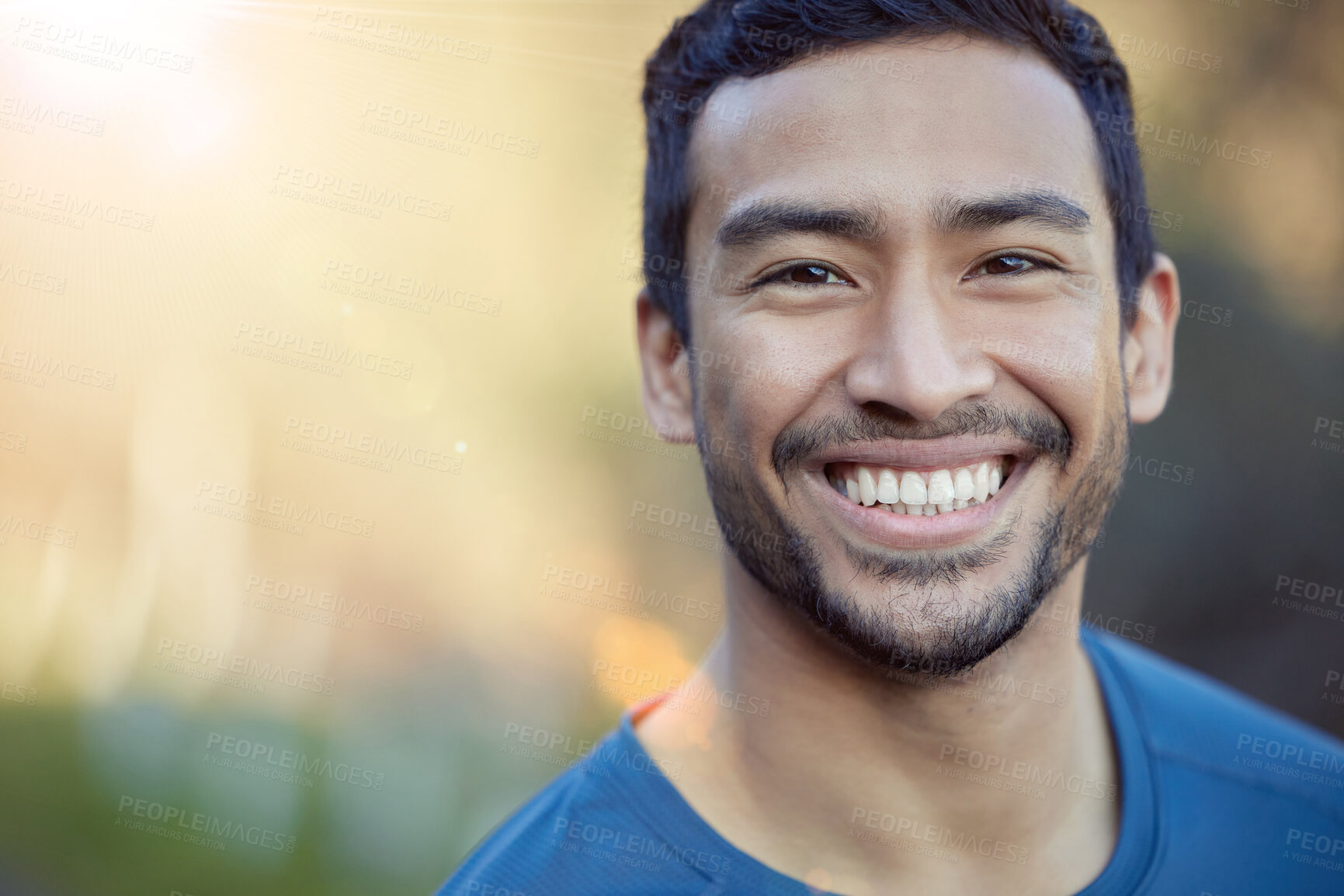 Buy stock photo Portrait, fitness and happy man outdoor for workout, exercise or mockup space on morning lens flare in Mexico. Face, smile and person in nature for sport, health or runner training at park in summer