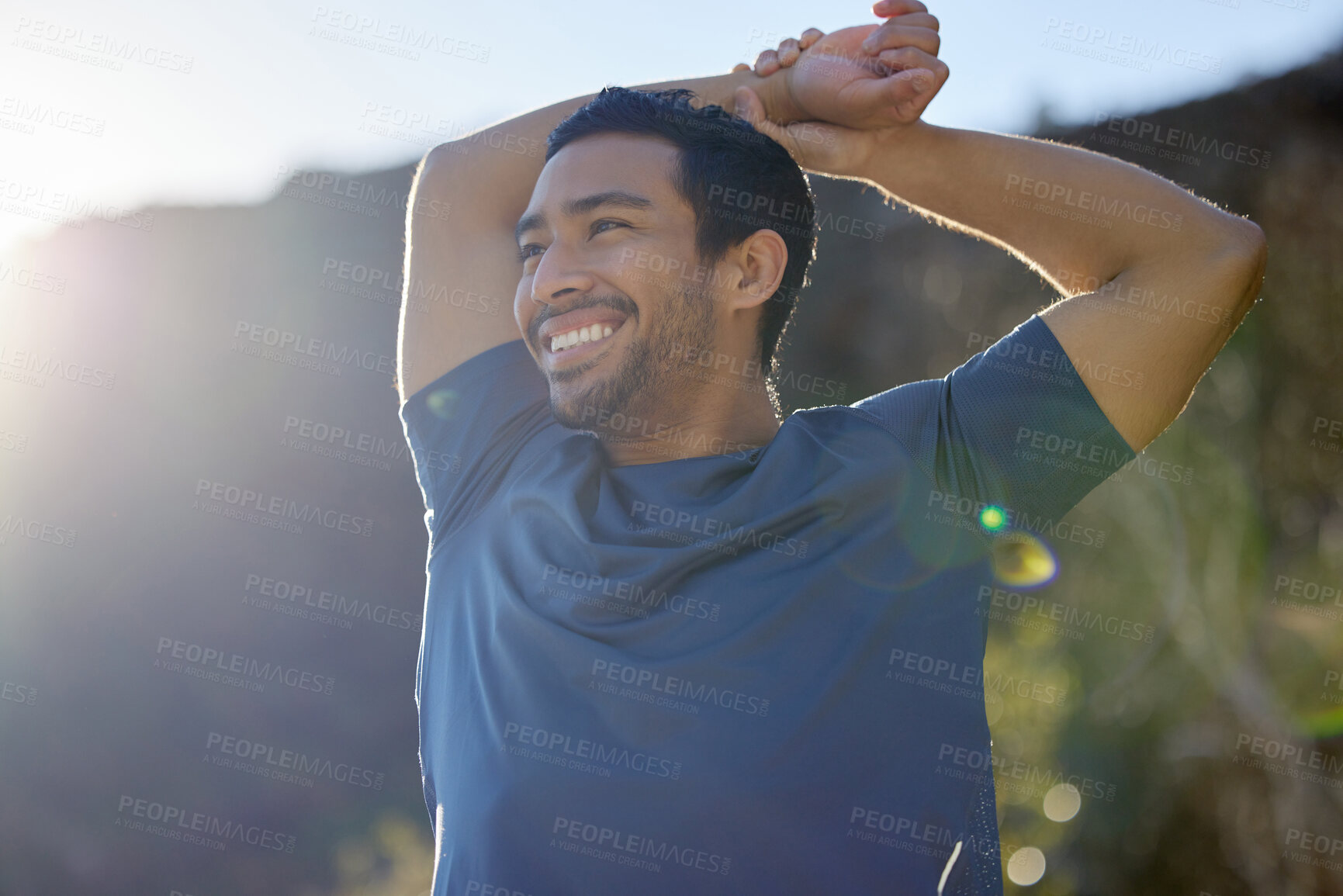 Buy stock photo Exercise, thinking and stretching with a man runner outdoor in the mountains for a cardio or endurance workout. Fitness, sports and idea with a young male athlete getting ready for a run in nature