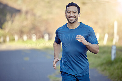 Buy stock photo Man, smile in portrait and run outdoor, fitness and cardio with marathon, sports and athlete in nature. Asian male runner in road, happy with running exercise and training for race with mockup space