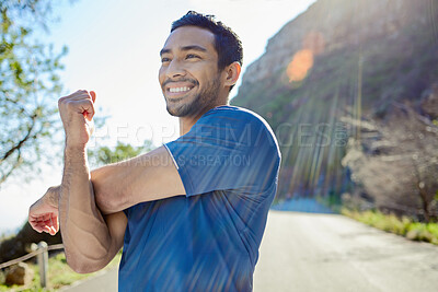 Buy stock photo Fitness, thinking and stretching with a man runner outdoor in the mountains for a cardio or endurance workout. Exercise, sports and idea with a young male athlete getting ready for a run in nature