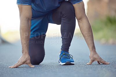 Buy stock photo Man, start running and fitness outdoor, cardio and health with exercise in road, athlete hands and active life. Sport, running sneakers and male person ready for workout with run and training outside