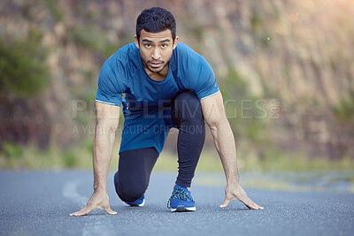 Buy stock photo Asian man, portrait and running or start outdoor on mountain for cardio training, marathon or challenge. Male person, face and street in position for exercise in nature or forest, fitness or health