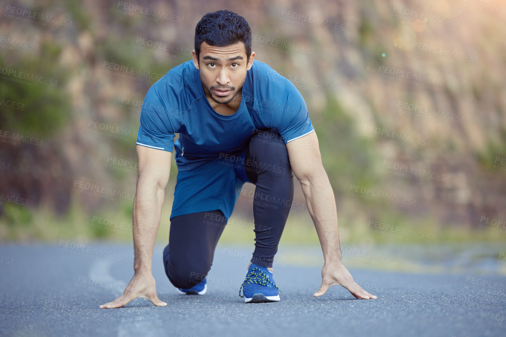 Buy stock photo Asian man, portrait and running or start outdoor on mountain for cardio training, marathon or challenge. Male person, face and street in position for exercise in nature or forest, fitness or health