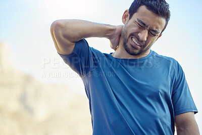 Buy stock photo Man, fitness and neck pain or outdoor workout with inflammation pressure, injury or fracture. Asian person, arm and running discomfort or bruise with exercise health or hurt joint, training or risk