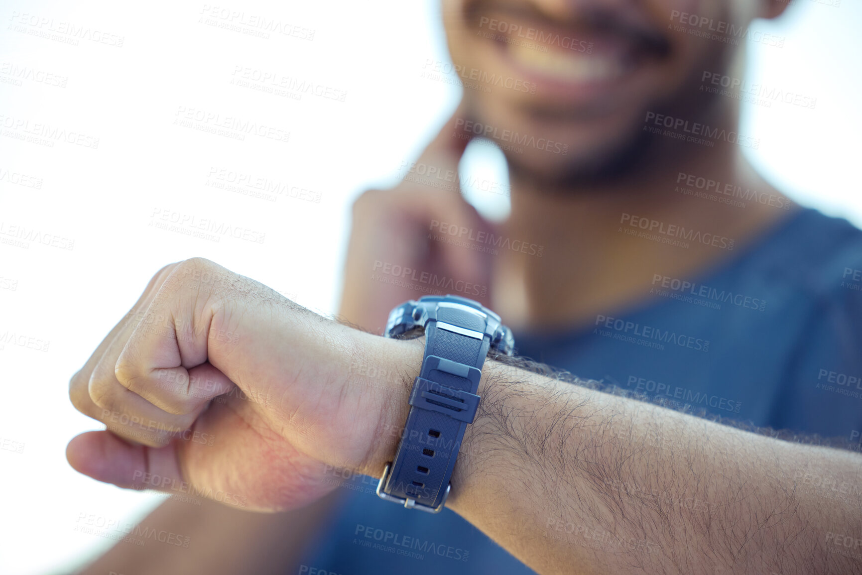 Buy stock photo Hand, smartwatch and heart rate or checking pulse for exercise tracking, running or sports. Person, wrist and triathlon training for physical activity as athlete for cardio goals, outdoor or timer
