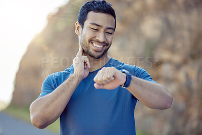 Buy stock photo Fitness, asian man and check neck pulse while training for race, marathon or running competition. Wellness, sport and happy male person with smart watch for heart rate, cardio or outdoor workout