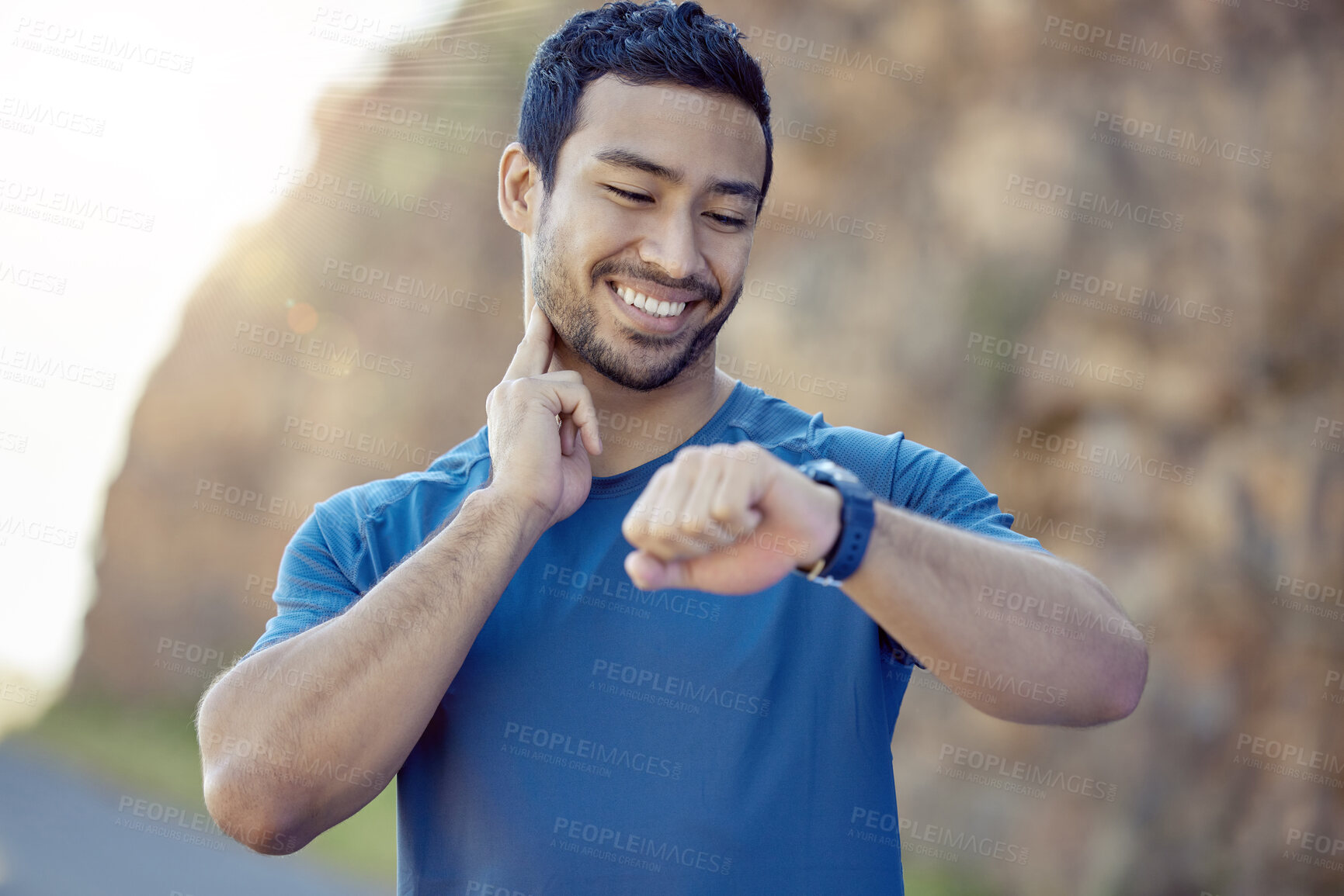 Buy stock photo Fitness, asian man and check neck pulse while training for race, marathon or running competition. Wellness, sport and happy male person with smart watch for heart rate, cardio or outdoor workout
