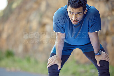 Buy stock photo Asian man, exercise and tired or outdoor fatigue on mountain, training or healthy. Male person, knees and nature for running wellness with fitness routine or athlete sports, burnout or performance