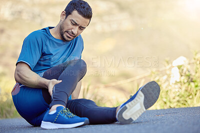 Buy stock photo Asian man, legs and running pain or sitting with calf cramp on mountain pathway for inflammation, injury or strain. Male person, floor and problem or marathon practice or fracture, bruise or accident