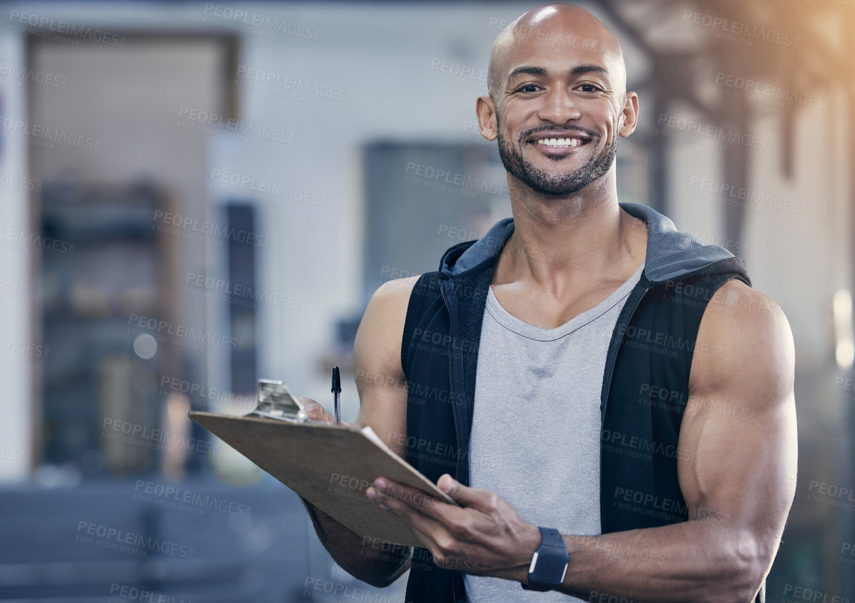 Buy stock photo Man, clipboard and portrait in gym with writing notes for client appointment, strong body and training job. Personal trainer, paperwork and admin in wellness club for fitness business and bald worker