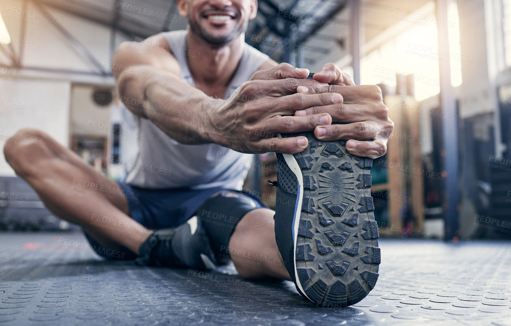 Buy stock photo Fitness, foot and man with stretching at gym for exercise, warm up and performance on floor. Health club, training and legs of male person with preparation for workout, flexibility and cardio energy